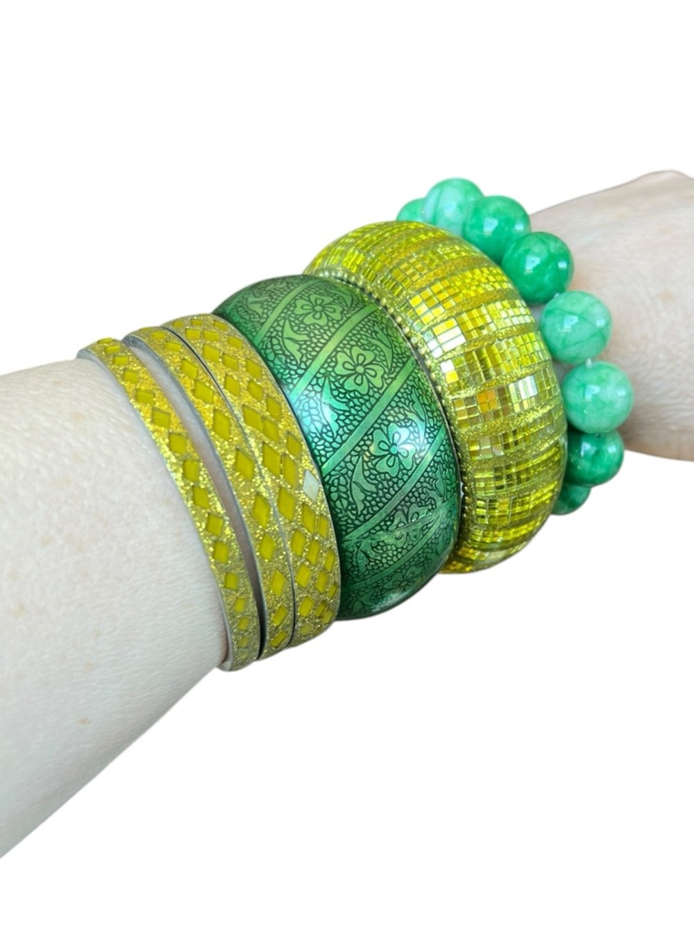 8 Piece Green Jewelry Lot Beaded Necklace Earrings Bangle Bracelets - Picture 4 of 12